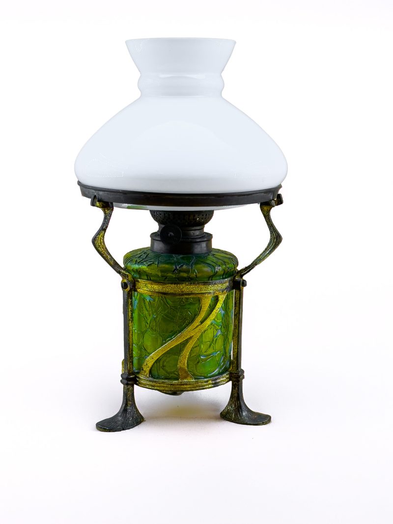 Art Nouveau Oil Lamp Iridescent Green and Opaline Shade (ca. 1900)